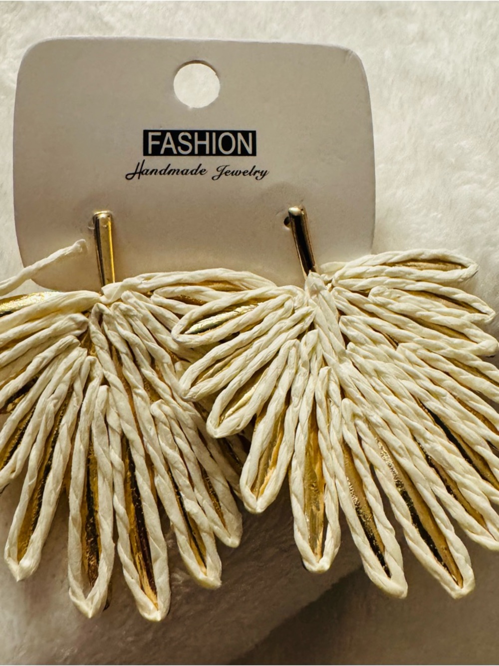 Cream and Gold Raffia Fan Earrings